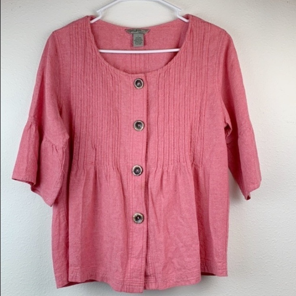 Linen blend pin tuck button down tunic short sleeve baby doll boho top EUC